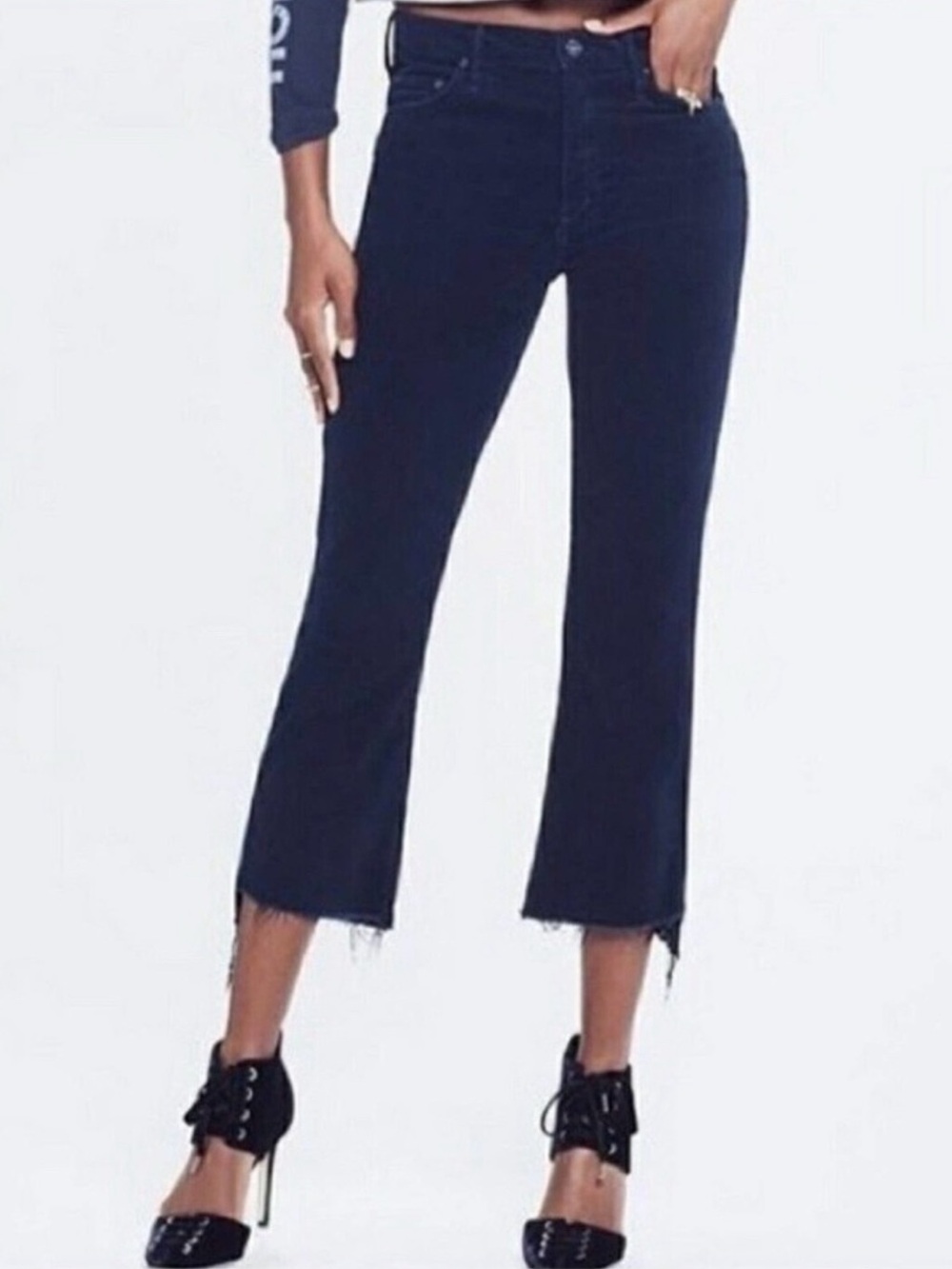 MOTHER The Insider Crop Step Fray Navy Blue Corduroy High Rise Straight Jeans 30